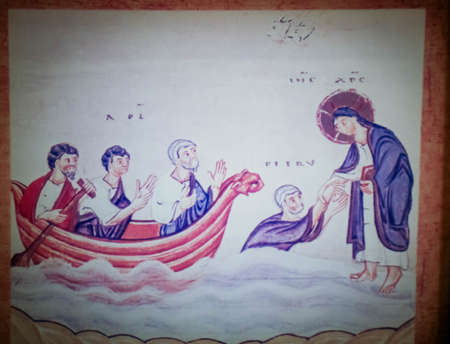 Jesus walking over the waters saving Peterのeditorial素材