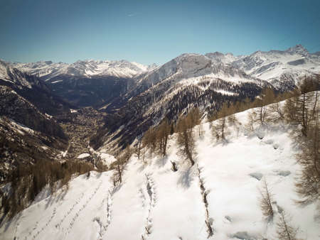 Beautiful aerial view of Courmayer in a winter day withe clear skies, no clouds in Italyの写真素材