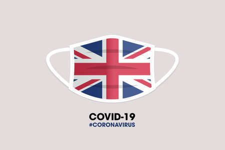 Medical mask sign illustration. Face mask prevent corona virus infection. Covid 19 mouth mask with the flag of United Kingdomの写真素材