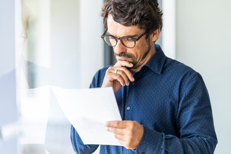 Business man wearing glasses holding paper document. Successful male portrait thinking and reading...