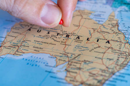 Australia pin on a world map. Australia travel destination planning pinnedのeditorial素材