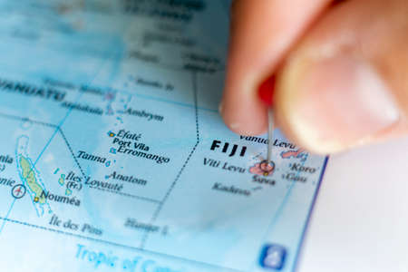Fiji pin on a world map. Fiji travel destination planning pinnedのeditorial素材
