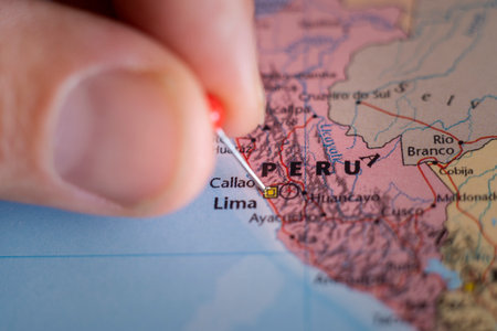 Peru pin on a world map. Peru travel destination planning pinnedのeditorial素材