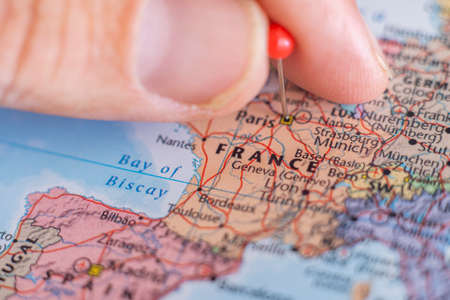 France pin on a world map. France travel destination planning pinnedのeditorial素材