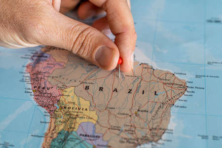 Brazil pin on a world map. Brazil travel destination planning pinnedのeditorial素材