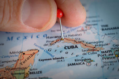 Cuba pin on a world map. Cuba travel destination planning pinnedのeditorial素材