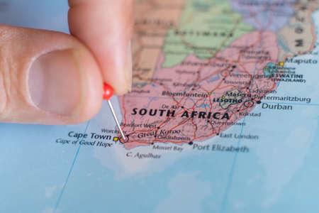 South Africa pin on a world map. Republic of South Africa travel destination planning pinnedのeditorial素材