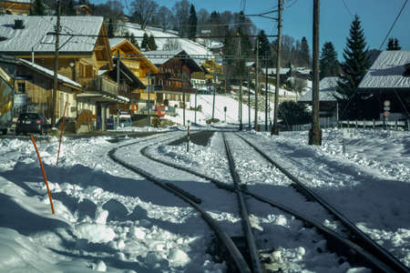 Rail Crossing in Snowの写真素材
