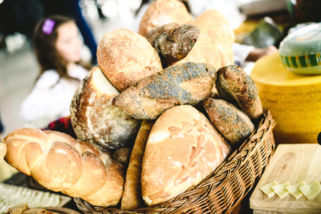 Traditional bread in wicker basketの写真素材