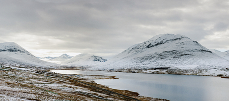 Icelandic landscapes full of green grass, sea and blue sky.