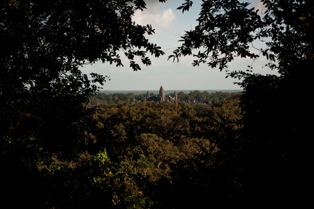 Panoramic of Angkor Wat, ancient Cambodian city hidden in the forest, visited by touristsの写真素材