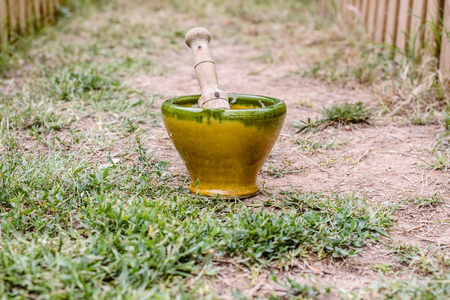 Mortar to prepare the traditional Spanish garlic sauce with oilの写真素材