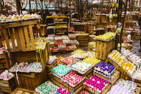 Decorated easter eggs for sale in street marketのeditorial素材
