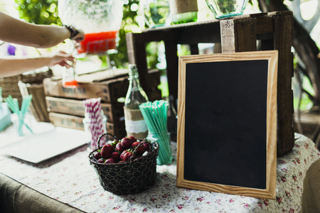 Basket with strawberries ready to make natural juice with themの写真素材
