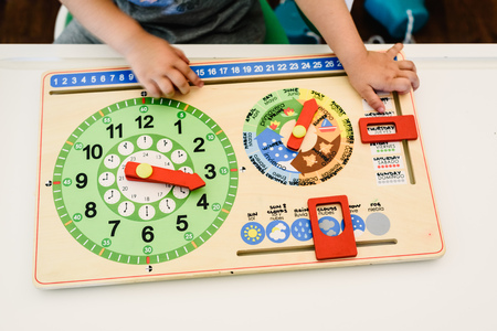 Toys and materials montessori in a classroom of a school for children