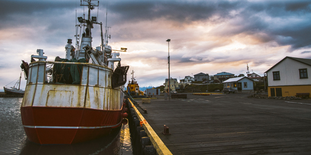 Icelandic landscapes full of green grass, sea and blue sky.の写真素材