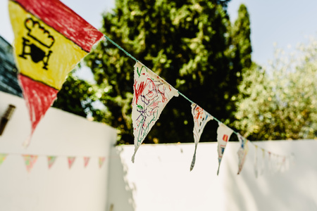 Pennants painted by children to play in summerの写真素材