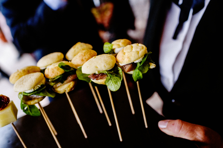 Tasty wedding appetizers served by waiters to the guestsの写真素材