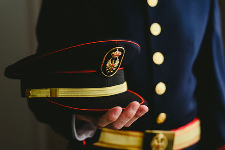 Soldier wearing uniform dress holding his cap.のeditorial素材