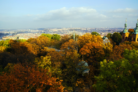 View of the city of Prague from the forest hillの写真素材