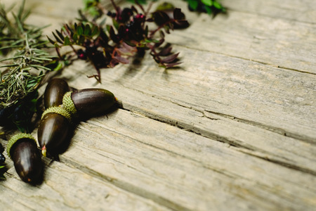 Aged wooden table background decorated with acorns, red berries and dried leaves.の写真素材