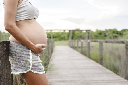 Close-up of pregnant woman's belly stroking with her hands in nature.の写真素材
