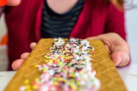Woman's hand holding a gingerbread cookie decorated with sugarの写真素材