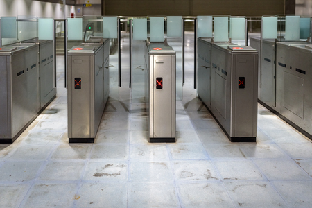 Electronic access doors to the subway closed with LED indicator.の写真素材