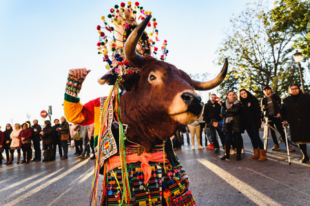 Valencia, Spain - February 16, 2019: Man disguised as a shaman with a ceremonial bull wearing the traditional Bolivian party outfit during a carnival parade.のeditorial素材