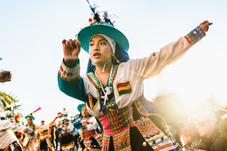 Valencia, Spain - February 16, 2019: Woman performing the Bolivian folk dance the Tinku dressed in...