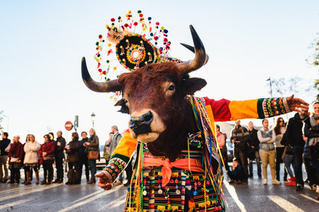 Valencia, Spain - February 16, 2019: Man disguised as a shaman with a ceremonial bull wearing the traditional Bolivian party outfit during a carnival parade.のeditorial素材