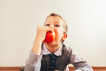 Child biting a tasty apple, isolating white background, concept of healthy nutrition.の写真素材
