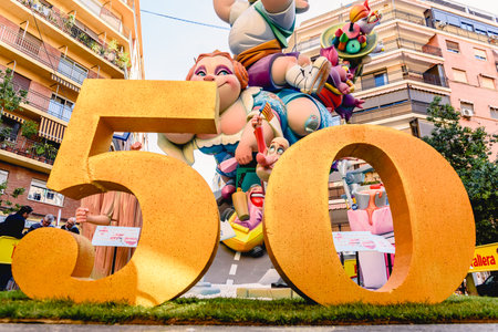 Valencia, Spain - March 16, 2019: Detail of some Fallas day monuments, publicly displayed in the...