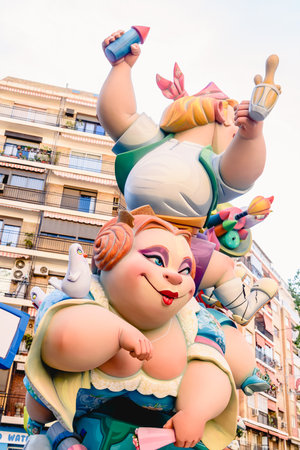 Valencia, Spain - March 16, 2019: Detail of some Fallas day monuments, publicly displayed in the squares of the neighborhoods to be admired by tourists.のeditorial素材