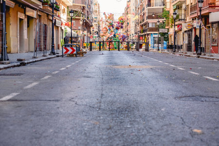 Valencia, Spain - March 16, 2019: Aspect of a street cut to traffic because of the traditional festivities of Fallas in Valencia.のeditorial素材