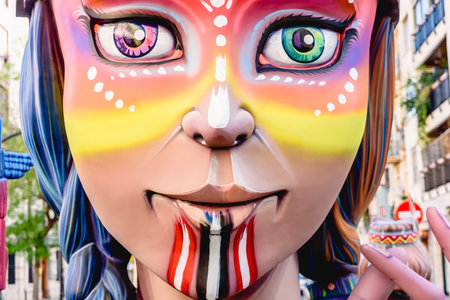 Valencia, Spain - March 16, 2019: Detail of some Fallas day monuments, publicly displayed in the squares of the neighborhoods to be admired by tourists.のeditorial素材