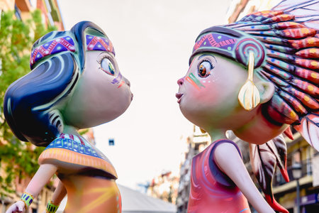 Valencia, Spain - March 16, 2019: Detail of some Fallas day monuments, publicly displayed in the squares of the neighborhoods to be admired by tourists.のeditorial素材