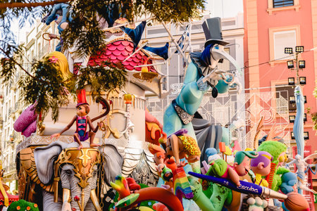 Valencia, Spain - March 16, 2019: Fallas stone cartons of a Falla profusely painted with striking...