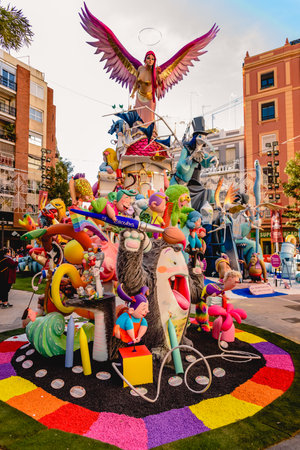 Valencia, Spain - March 16, 2019: Detail of the Ninots, cardboard dolls of a child Falla during the...