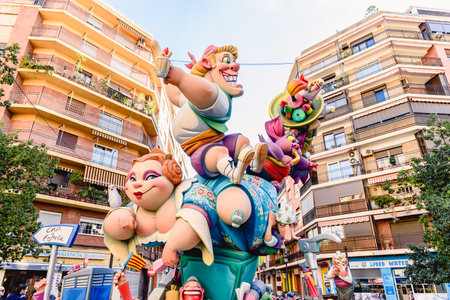Valencia, Spain - March 16, 2019: Detail of some Fallas day monuments, publicly displayed in the squares of the neighborhoods to be admired by tourists.のeditorial素材