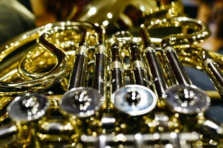 Close-up of the keys and valves of a French hornの写真素材
