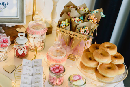 Candy bar beautifully decorated with sweets in a vintage event.のeditorial素材