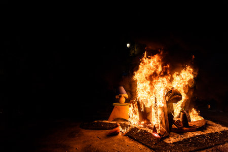 Valencia, Spain - March 19, 2019: Burning of the fallas children of Valencia, the smallest and first sculptures to burn.のeditorial素材