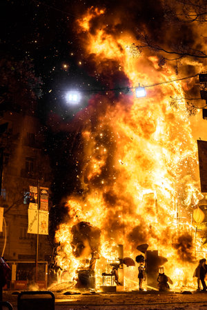 Valencia, Spain - March 19, 2019: End of the Valencian festivities of Fallas, Monument faller consumed in the fire in high flares.のeditorial素材
