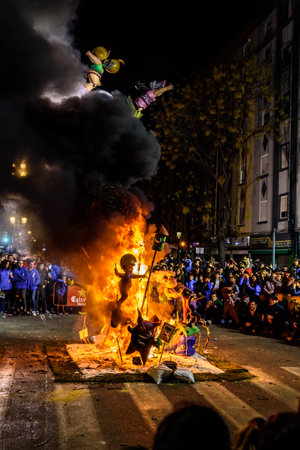 Valencia, Spain - March 19, 2019: End of the Valencian festivities of Fallas, Monument faller consumed in the fire in high flares.のeditorial素材