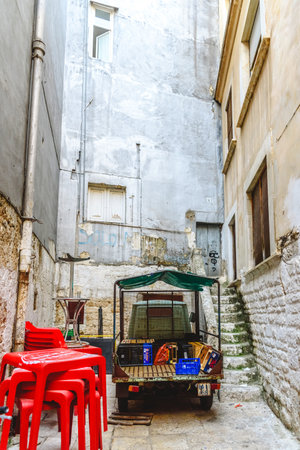 Bari, Italy - March 8, 2019: Labyrinthine alleyways in the old town of the Italian city of Bari, next to the Adriatic.のeditorial素材