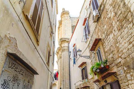 Bari, Italy - March 8, 2019: Labyrinthine alleyways in the old town of the Italian city of Bari, next to the Adriatic.のeditorial素材