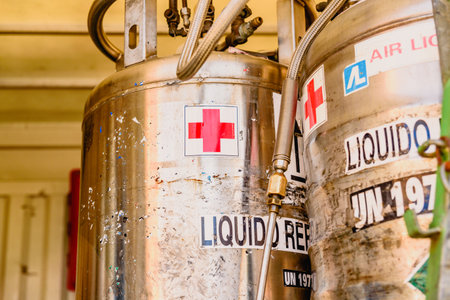 Valencia, Spain - March 26, 2019: Tank of liquid nitrogen for hospital use.のeditorial素材