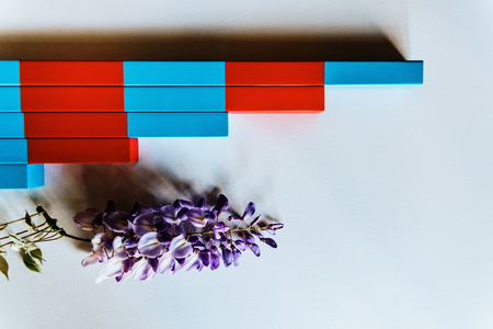 Planks of red and blue wood montessori to facilitate the child with visual clarity, calculation operations.の写真素材