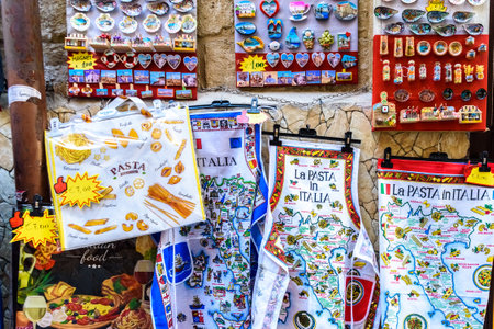 Bari, Italy - March 12, 2019: Souvenirs of Italy for sale on a tourist street.のeditorial素材